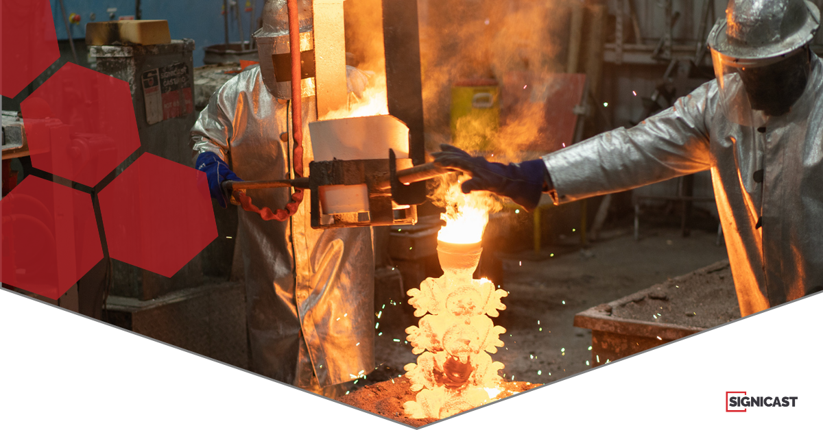 Investment casting process image of an employee pouring metal